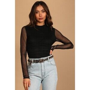 Lulus We Mesh Well Black Ruched Mesh Long Sleeve Bodysuit - Size M